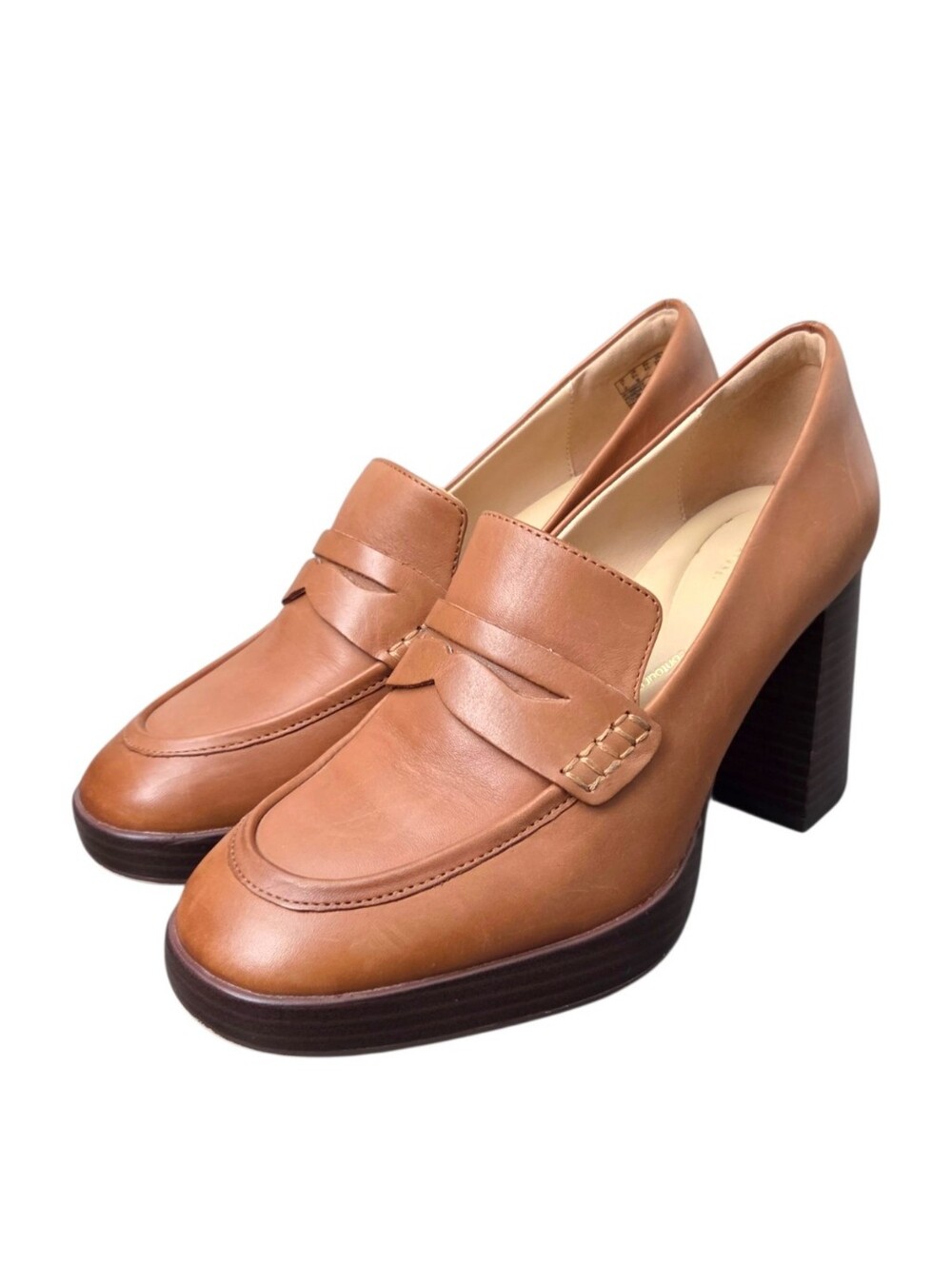 Clarks Zoya 85 Tan Leather Chunky Block Heel Penny Loafers Size 9.5 90s Retro